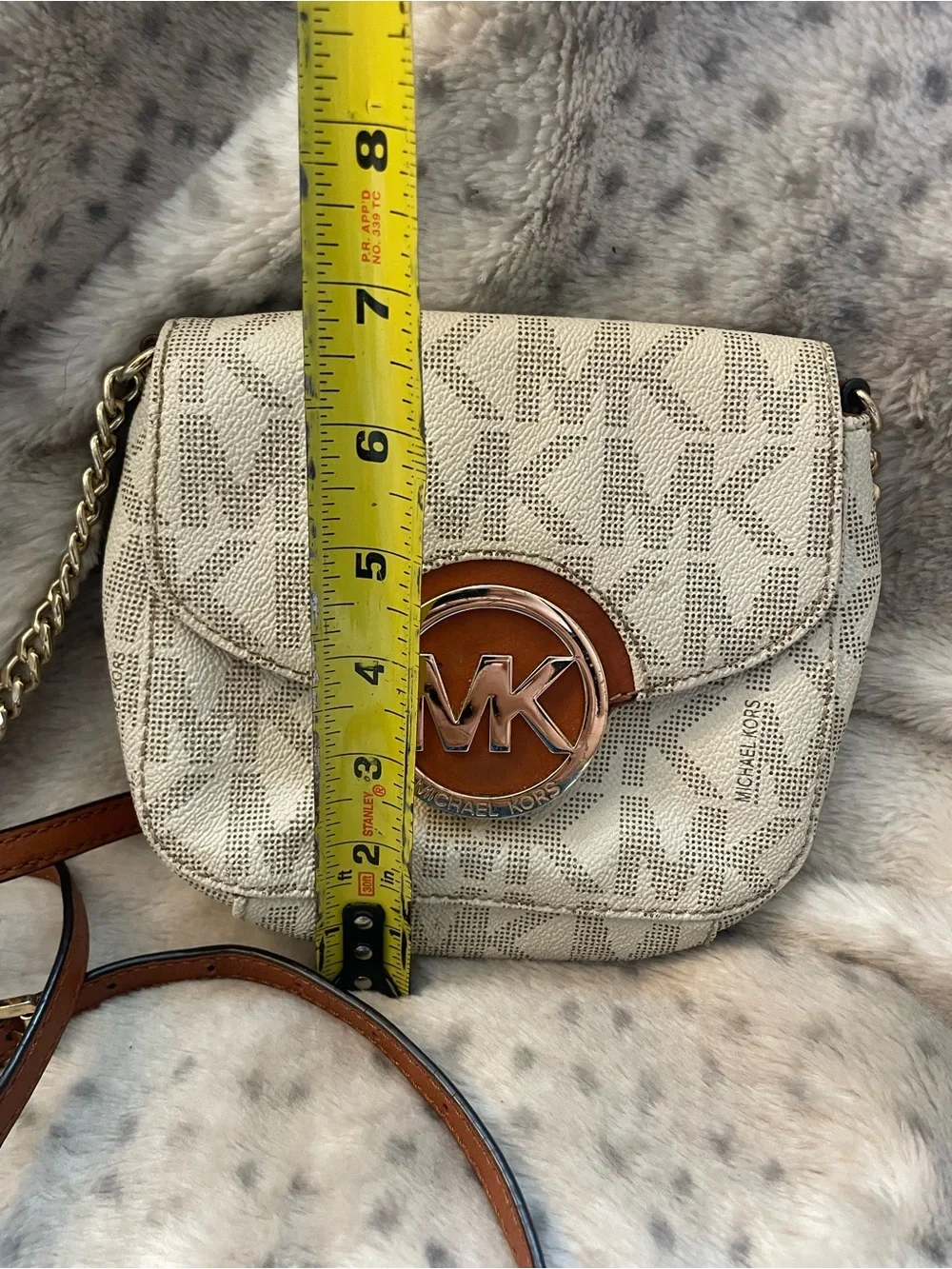 Michael Kors Cream Canvas & Brown Leather MK Logo Crossbody Bag